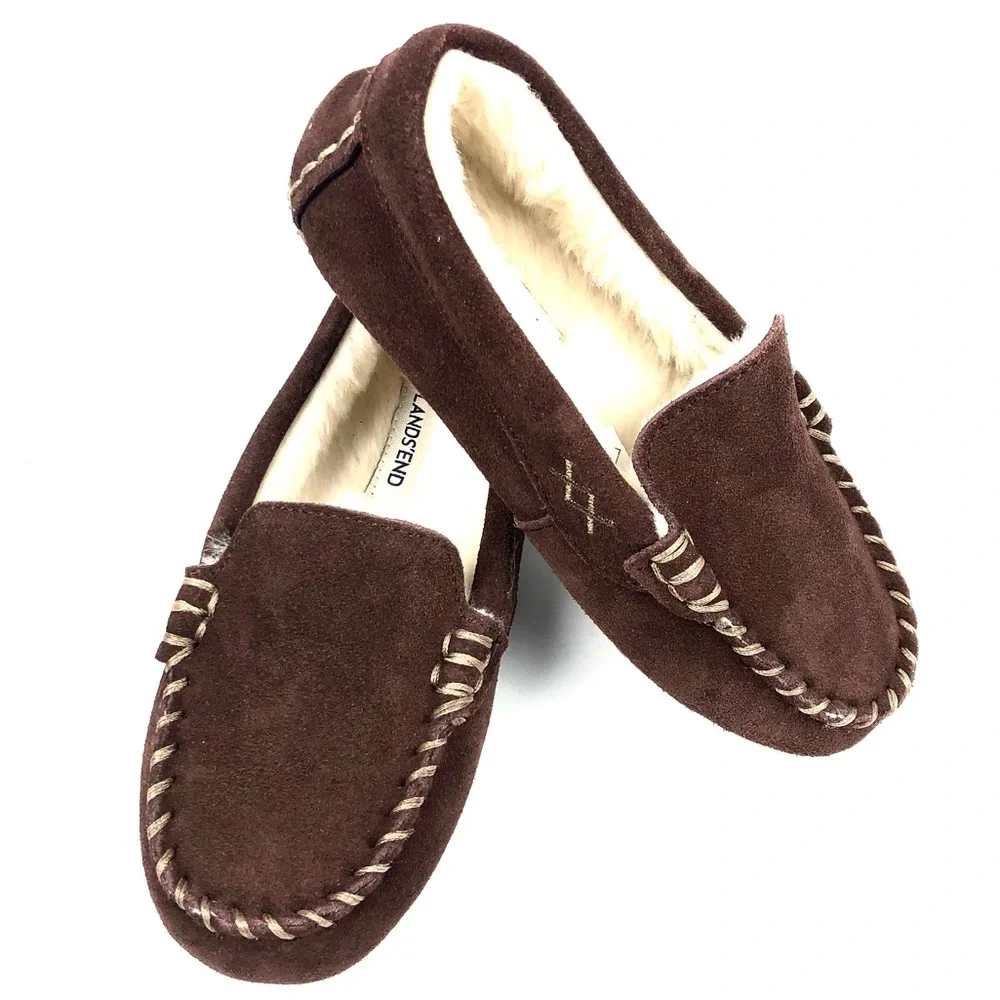 Lands End Kids Brown Suede Moccasin Slipper Sz 13